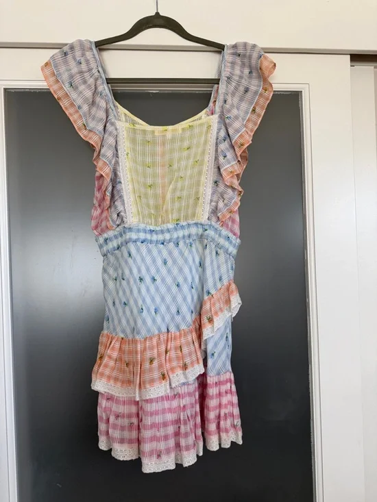 LoveShackFancy Pastel Gingham Ruffle Mini Dress in Pink Blue Yellow Peach - Picture 2 of 3